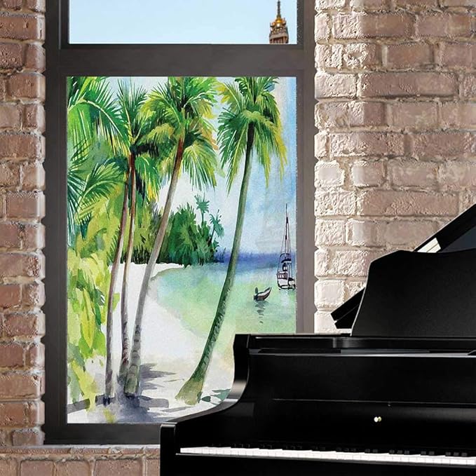 Tropical Frosted Window Film Stickers, Beach Boat Shore Summer Coast Watercolor Landscape, UV Blocking Privacy Window Clings for Home, Azure Blue 60x60cm/23.6x23.6in