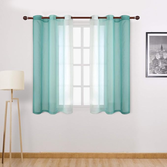 DWCN Ombre Short Sheer Curtains - Faux Linen Semi Voile Gradient Light-Filtering Bedroom and Living Room Curtains, Set of 2 Grommet Top Window Drape Panels, 42 x 45 Inch Length, Teal