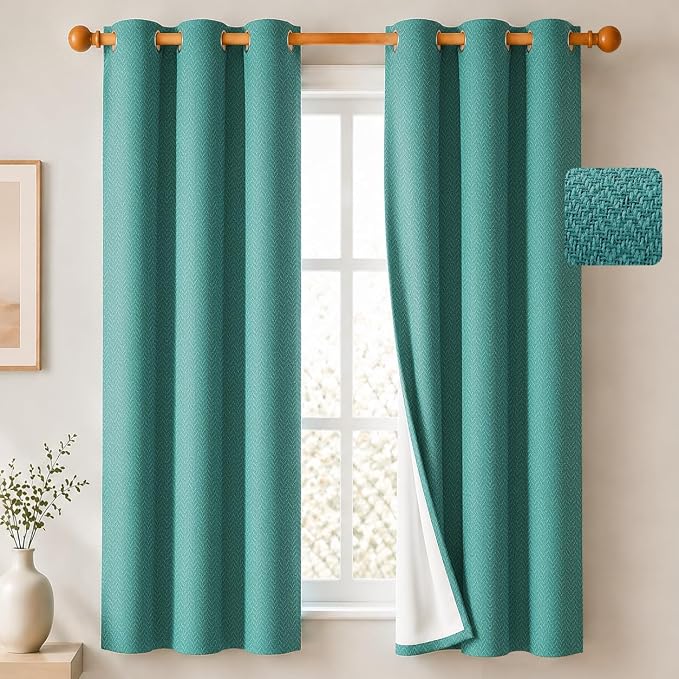 2 Panels 100% Blackout Linen-Textured Curtains, Thick Thermal Insulated Grommet Drapes with Subtle Herringbone Weave, Luxury Decor for Bedroom/Living Room, 37 x 63 Inches, Teal