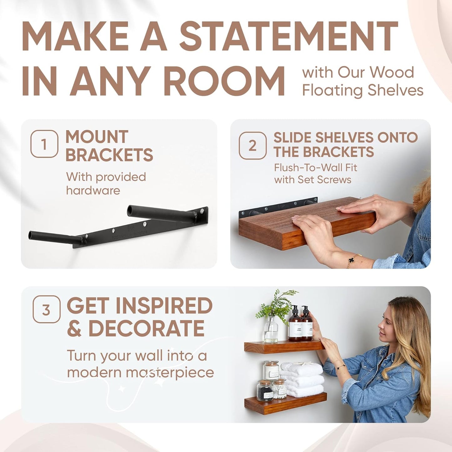 Homeforia 18 inch Floating Shelf Oak, High End Solid Real Wood 18inch Long Floating Shelves for Wall Mounted, Honey Oak Wooden 18in Floating Shelves, Heavy Duty Bracket, 18 X 6.5 X 1.75 inch, Set of 4