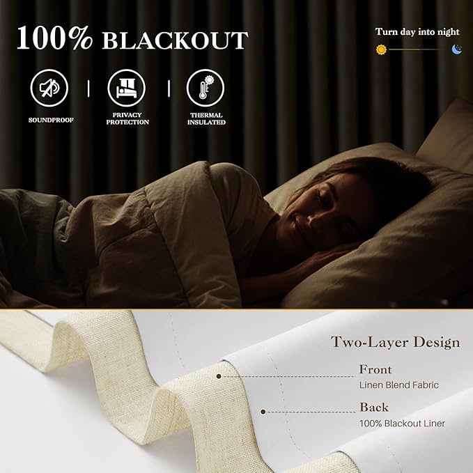 Cream Beige Pinch Pleated Full Blackout Linen Curtains for Bedroom, Black Out Curtains 95 Inches 1 Panel for Living Room Darkening Thermal Insulated Neutral Pleat Drapes with 12 Hooks, 70''Wx95''L