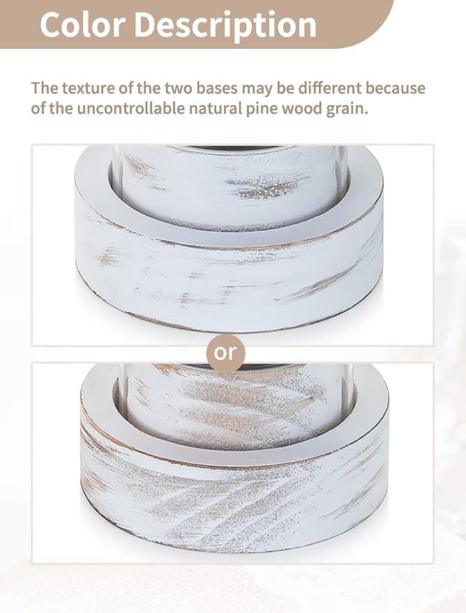 NUPTIO Hurricane Taper Candle Holders with Wax Catchers, Dripless, Set of 2 | Metal Bobeches Catch Drips, Distressed White Wood Bases, for Farmhouse Weddings Table Centerpieces, Home Decor, Easy Clean