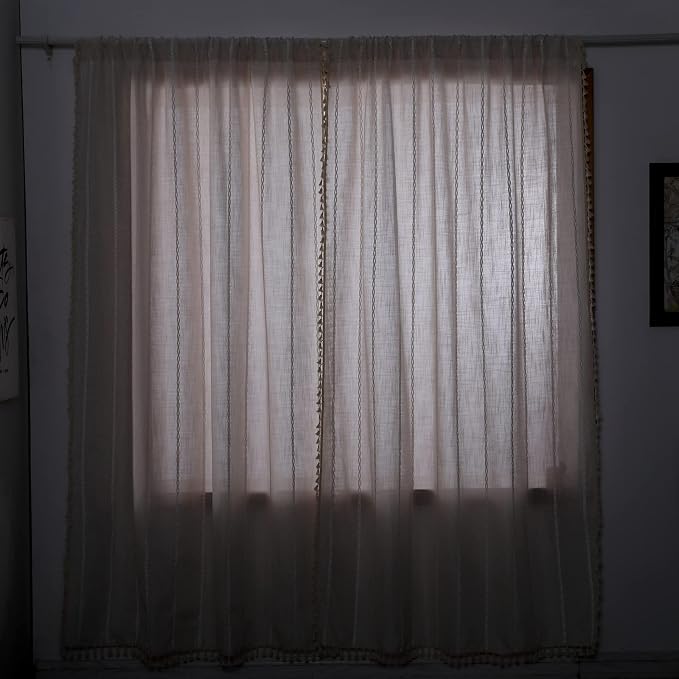 RoomTalks Boho Curtains for Bedroom Living Room 63 Inch Length Freanch Country Modern Farmhouse Window Curtain Panels Embroidery Striped Bohemian Tassel Draperies (63’’L x 52’’W, Beige)