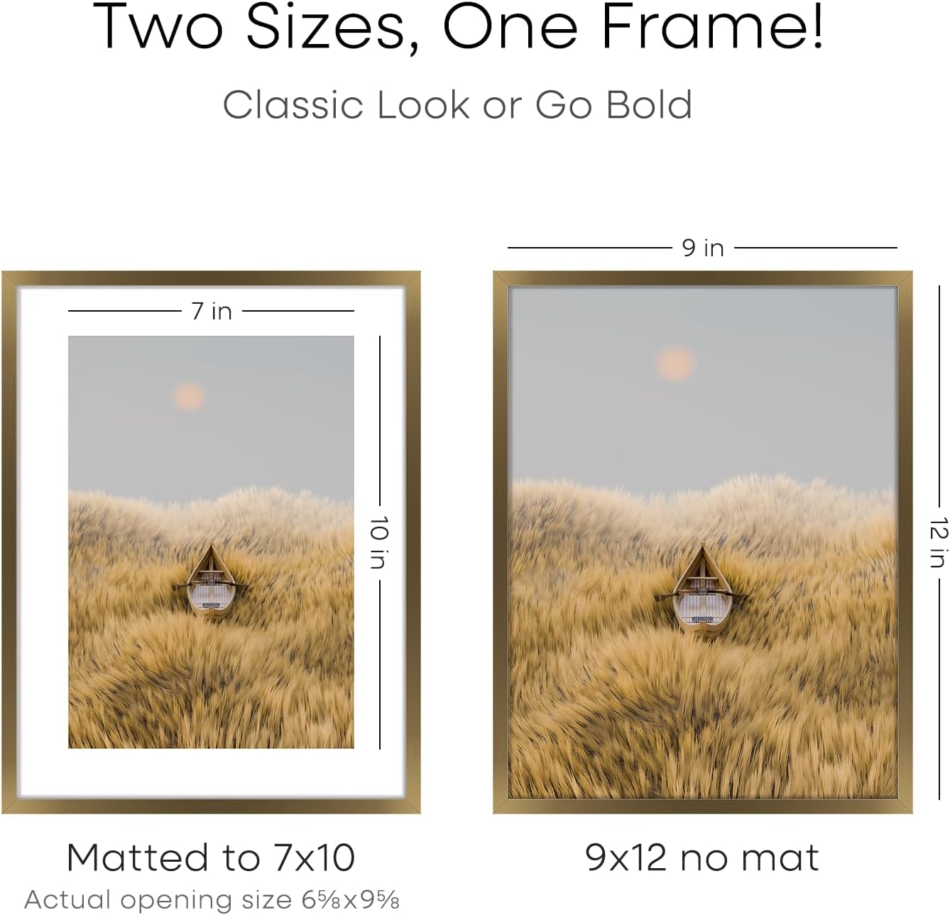 Homeforia 9x12 Frame Bronze, High End Metal 9 x 12 Brass Picture Frames with Mat 7 by 10 inch Photo, 9by12 Poster Frame Matted to 7x10, 12x9 Wall or Tabletop Frames, Tempered Glass, Wall Kit, Set of 1