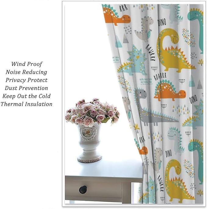 YCness Dinosaur Curtains for Boys Girls Children Nursery Playroom Room Decor Cute Cartoon Dino Art Printed Window Drapes Decor Fabric Set 2 Panel. 72x63 Inch 80% Shading Rate
