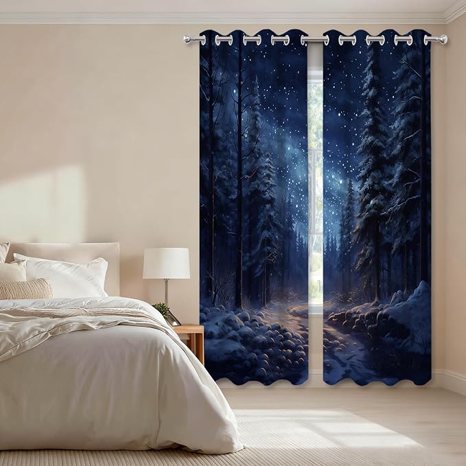 Shrahala Winter New Year Thermal Insulated Blackout Window Curtains, Stars Forests Snow Night Long Drapes for Bedroom/Living Room with Plastic Grommet, 52X84 Set of 2