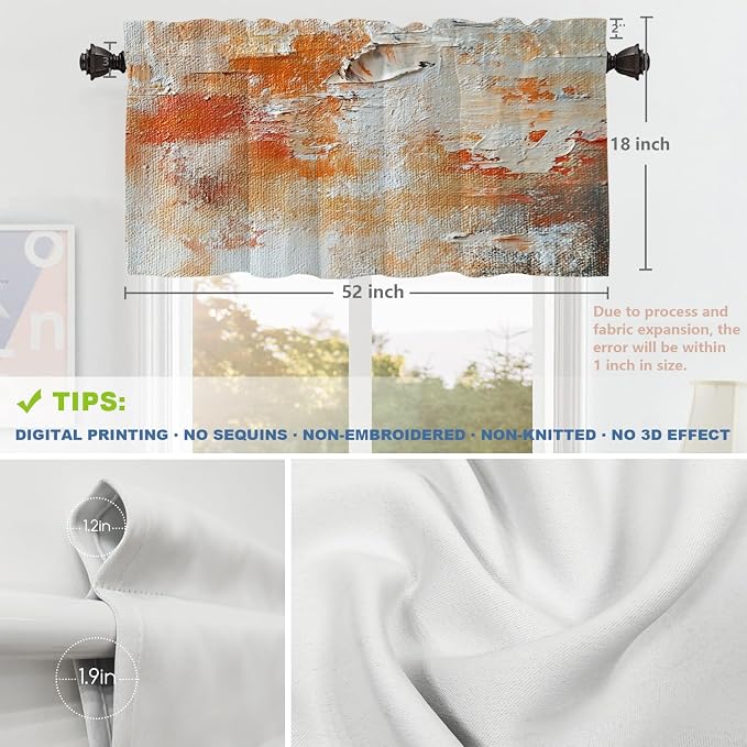 Shrahala Brushstrokes of Paint Blackout Short Curtains for Windows, Orange Grey Canvas Texture Kitchen Valance Thermal Insulated Rod Pocket Window Treatment for Bathroom 52 X 18 in