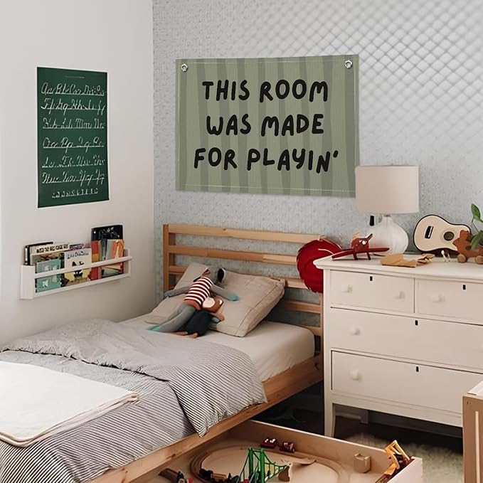 Playroom Decor Wall Banner "This Room Was Made For Playin'" 20x30 Inch - Nursery Canvas Art, Kids Bedroom Hanging, Linen Toddler Play Area Sign, Children's Canvas Flag Decor - Green