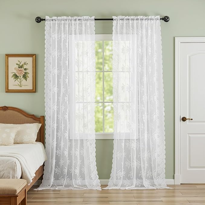 Kotile White Lace Curtains 72 Inches Long 2 Panels, Country Rustic Floral Design Sheer Lace Curtains for Living Room, Rod Pocket Privacy Window Lace Curtain Panels, 42 x 72 Inch Each, White