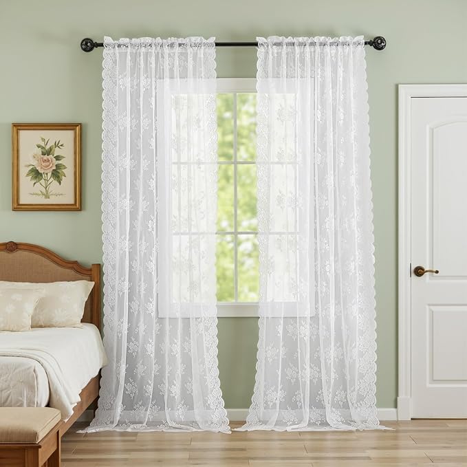 Kotile White Lace Curtains 80 Inches Long for Living Room, 2 Panels Rusitc Floral Pattened Vintage Sheer Lace Curtains for Bedroom, Rod Pocket Privacy Farmhouse Sheer Curtain, 52 x 80 Inch, White