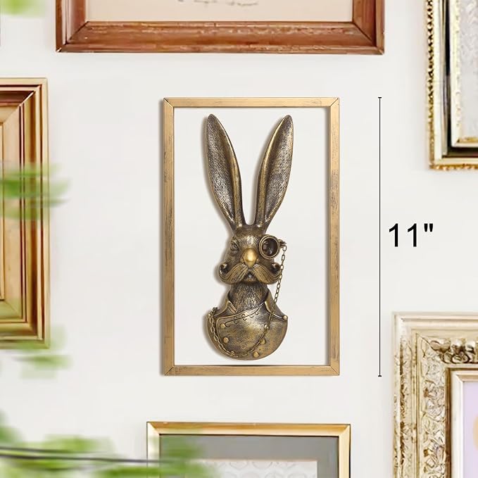 Newinhome Animal Heads Wall Decor (Includes Metal Frame) Bunny Resin Animals Sculptures Old Money Bunny Wall Hanging Decoration Gold vintage Wall Sculpture for Living Room Bedroom Office(Rabbit)