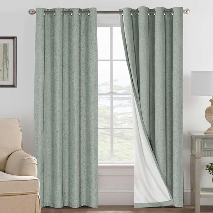 H.VERSAILTEX Linen Curtains 100% Blackout Curtains for Bedroom 102 inch Long Full Light Blocking Nature Linen Blended Window Curtains for Living Room Nickel Grommet (2 Panels, Green Bay)
