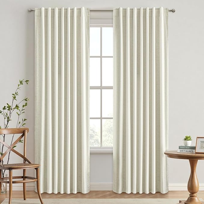 EMEMA Cream White Linen Blackout Curtains 84 inch Long 2 Panels Set for Bedroom Back Tab Thermal Insulated 100% Black Out Drapes Pinch Pleated Hooks Room Darkening Window Curtain for Living Room