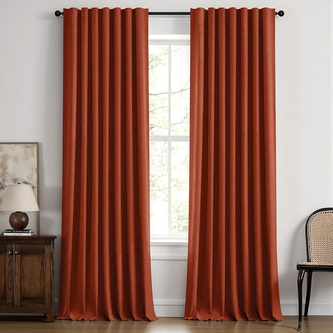 MIULEE 100% Blackout Linen Curtains for Bedroom, Burnt Orange Solid Luxury Decor Thermal Insulation Room Darkening Drapes for Living Room Back Tab Rod Pocket 42 x 96 Inches, 2 Panels