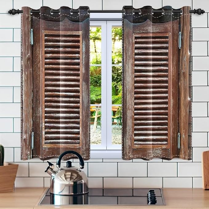 Rustic Wooden Barn Door Blackout Window Curtains Wood Planks Farm Farmhouse Curtains Country Retro Western Vintage Brown Window Treatments Kitchen Bedroom Living Room Decor,21x45 inch,2 Panels