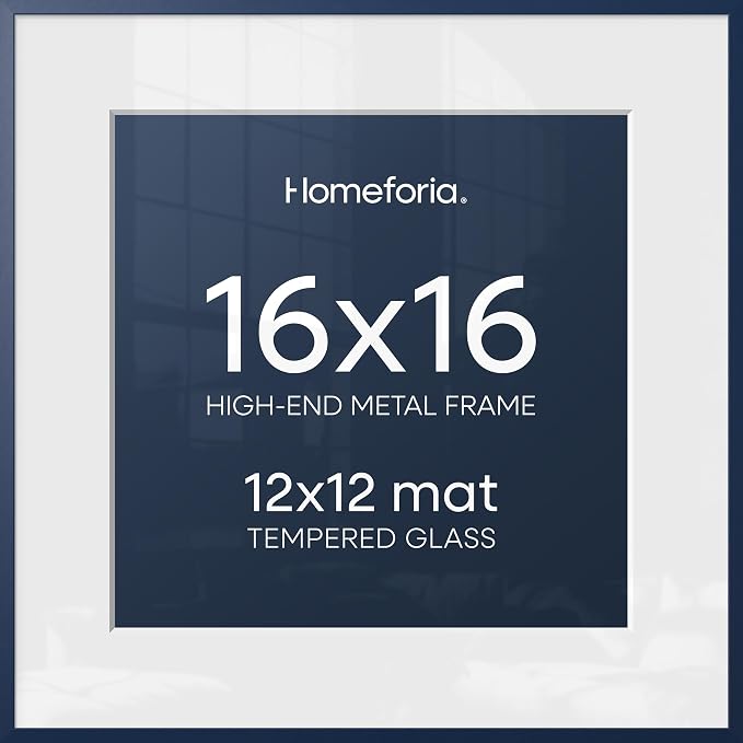 Homeforia 16x16 Picture Frame Navy Blue, High End Metal 16 x 16 Square Poster Frame with Mat 12 x 12 Photo, 16x16 Frame Matted to 12x12 Print, 16by16 Hanging Frames, Tempered Glass, Wall Kit, Set of 1