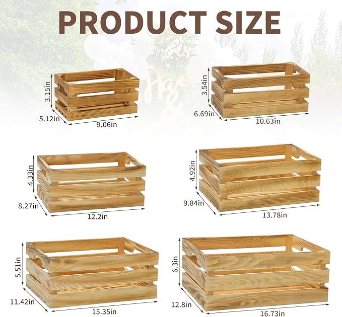 6 Pcs Wooden Crates for Display, Nesting Wood Crate for Storage, 6 Size | Farmhouse Weddings Wooden Basket for Storage Container and Decorations, Rustic Wood Crates for Farmers Market, Birthday, DIY