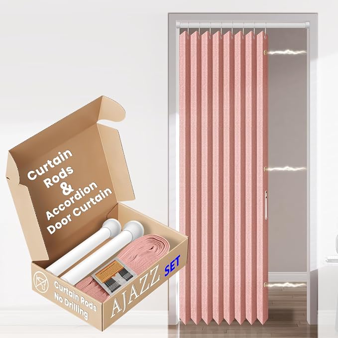 AJAZZ Accordion Interior Door Curtain 42"×78" Pink w/Free Rod, No-Drill Bedroom/Living Room Doorway