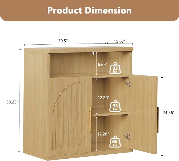Fluted Buffet Cabinet with Storage, 31.5" Wide Wood Sideboard Credenza with Open Storage Shelf & Adjustable Shelves, Modern Kitchen Entryway Accent Table for Dining Room Living Room Hallway, Oak