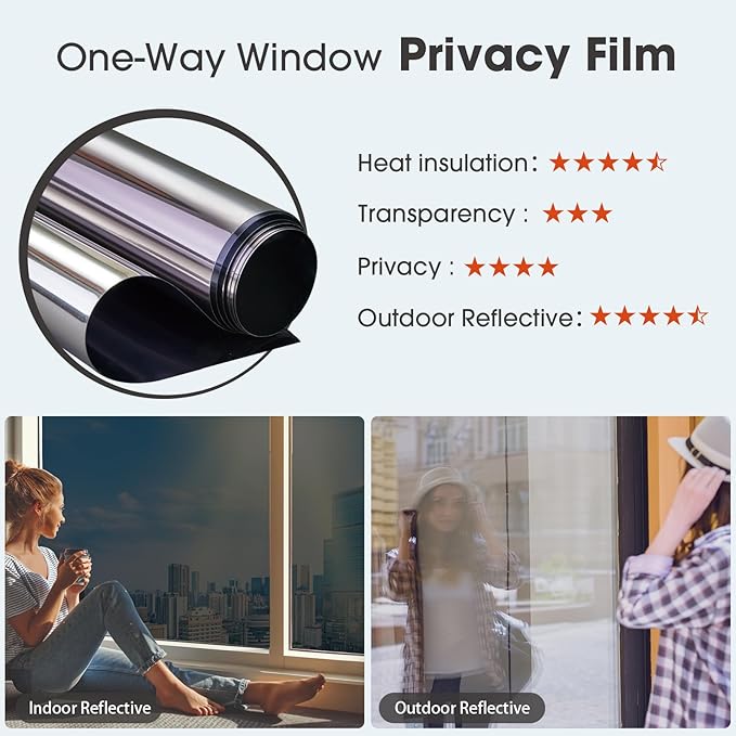 Viseeko Window Tint for Home Window Privacy Film See Out Not in Reflective One Way Window Film UV Sun Heat Blocking Window Film Static Cling for Home Office