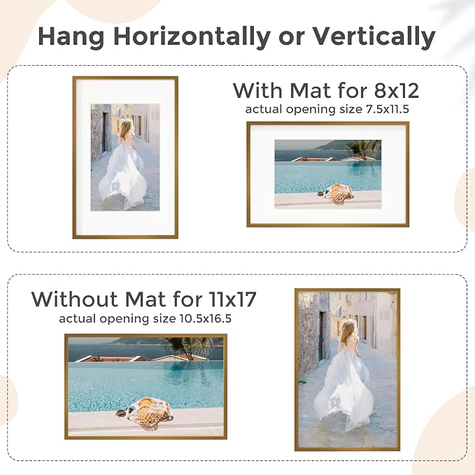 FLYJOE 11x17 Metal Picture Frame for Wall With Mat for 8x12, 11''x17'' Aluminum Photo Frames With Tempered Glass for Home Decor, Minimalist Modern Poster Frame Horizontal And Vertical Formats, Bronze