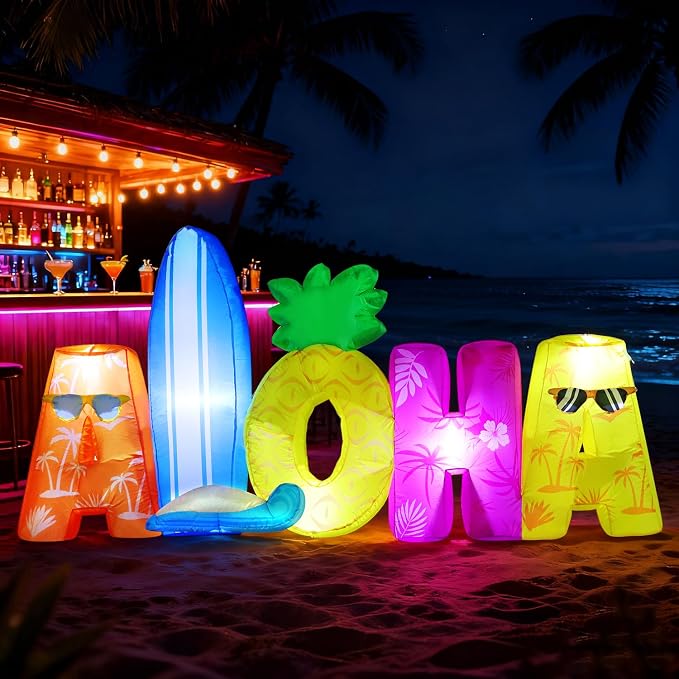 DomKom 6FT Tiki Luau Inflatables, Aloha, Hawaiian Summer Tropical Beach Blow up Party Decor Party Giant Yard Decoration, Outdoor Built-in LED Lights Lawn Holiday Outside