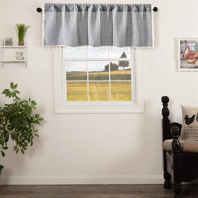 RoomTalks Rustic Farmhouse Kitchen Valances for Windows in Dark Gray, 18’’L x 52’’W Boho Striped Vintage Charcoal French Country Cottage Textured Tassel Curtain Valances for Bathroom Living Room