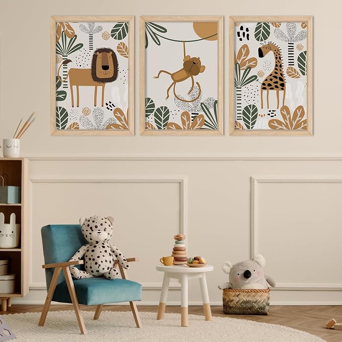 Safari Wall Decor Nursery Art Jungle 11x16 set of 3 Wood Frame for Kids | Animal Cartoon Lion Monkey Giraffe Prints, Baby/Toddler Room, Boho Jungle Theme