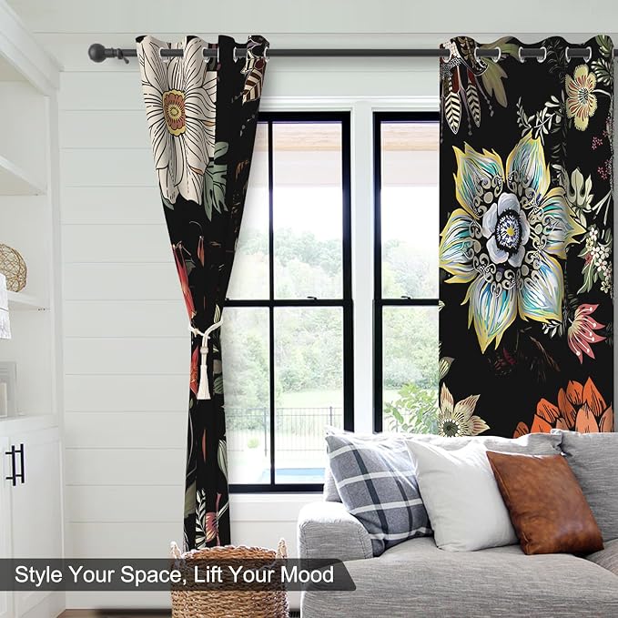 Boho Blackout Curtains for Bedroom, Black Out Window Bedroom Curtains 84 Inch Length 2 Panels Set, Floral Thermal Insulated Room Darkening Blackout Curtains for Living Room with Two Curtain Tiebacks
