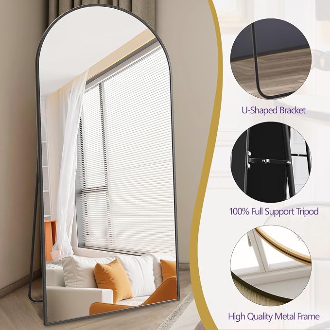 Prywot Full Length Mirror, Oversized 81"x41" Arched-Top Floor Mirror, Free Standing Mirrors, Modern Full Body Mirrors with Aluminum Alloy Frame for Bedroom,Living Room, Black