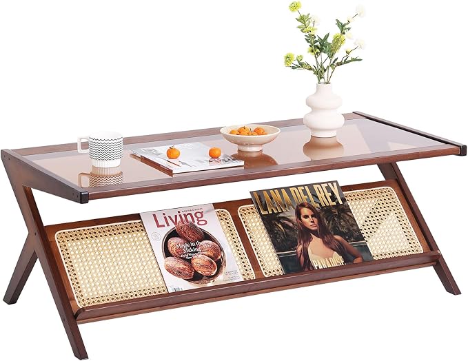 Tiita Rattan Coffee Table, Bamboo Accent Bedside Tables, Glass Nightstand Side Table, Boho Wooden End Table with Storage for Living Room,Living Room, Dining Room, Tea, Home Décor