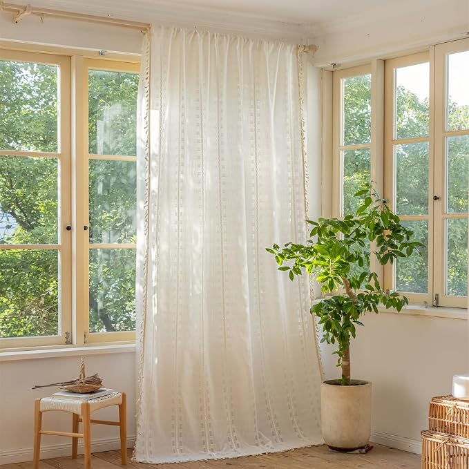 Deeprove Cream White Boho Curtain 84 inches Length for Living Room Bedroom Nursery Doorway Cream Bohemian 84 inches Long Western Stripe Embroidery Privacy Window Fringe Decor W52 x L84, 1 Panel