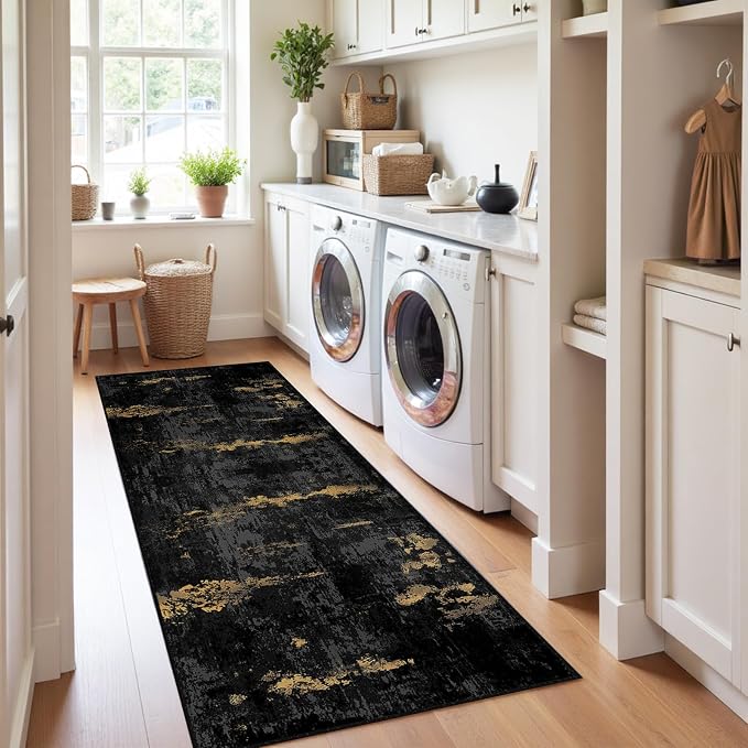 RELEANY Washable Area Rugs 2'x8' Non-Slip Modern Abstract Soft for Living Room Entryway Bedroom Kitchen, Print Pattern, Dark Black Gold