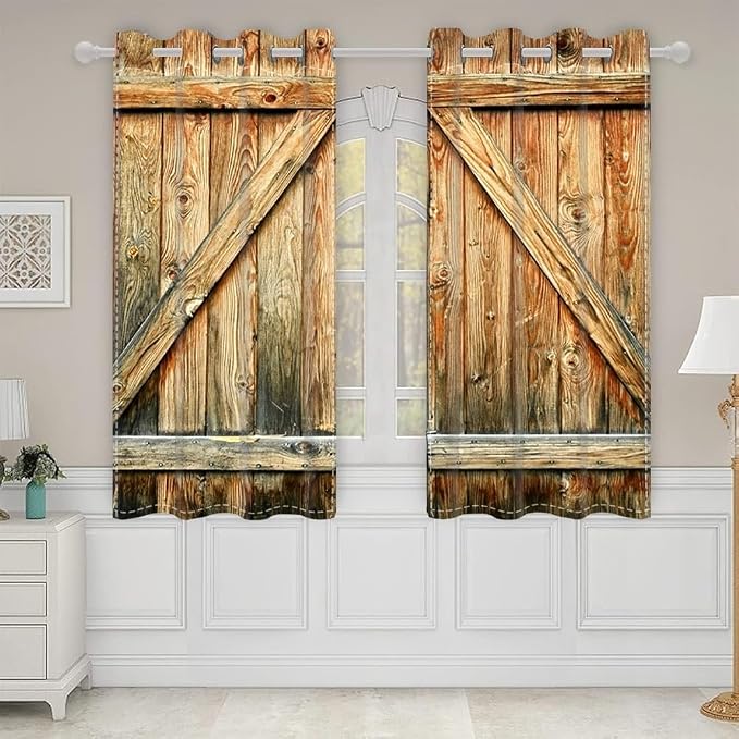 Closed Door Barn Door Curtains Rustic Vintage Wood Door Wooden Plank Window Curtains Farmhouse Countryside Living Room Kitchen Window Drapes Treatments Grommets Top,53x72 inch,2 Panels