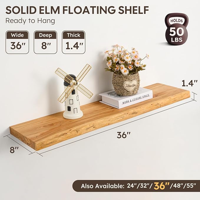 Floating Shelves Set of 2, Solid Elm Wood Wall Shelves 36 Inch - Invisible Bracket Mount for Living Room, Bedroom, Kitchen, Bathroom - Natural