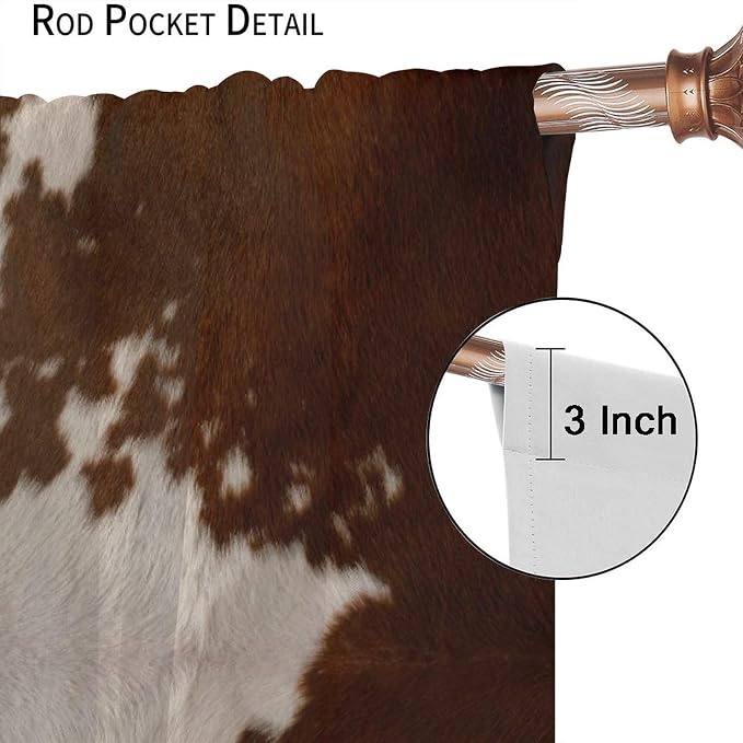 Cow Print Blackout Curtain, Animal Fur Brown Cowhide Western Farm Style Window Treatments Rod Pocket Curtain for Bedroom Living Room Kitchen Decor Drapes 72x63in