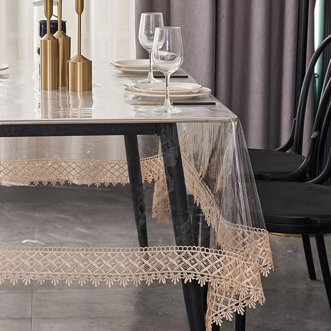 Clear Vinyl Tablecloth Protector – Waterproof Rectangular Table Cover with lace Trim for Dining, Kitchen, Party, Indoor & Outdoor Use (84"x60")