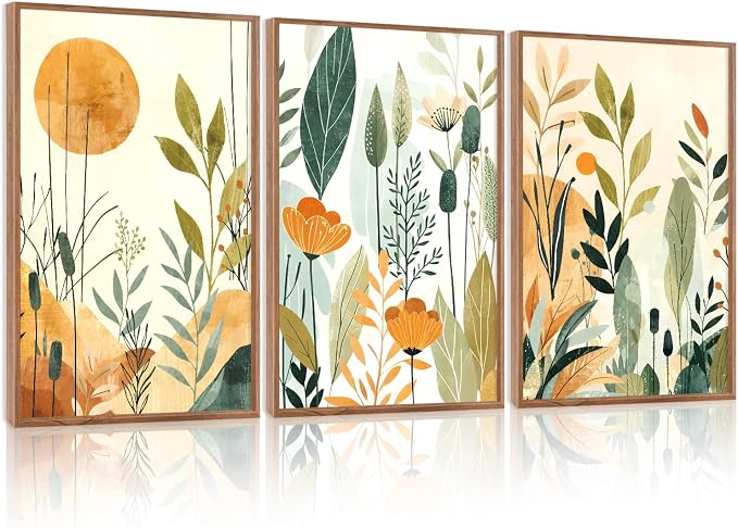 CHDITB Framed Boho Modern Botanical Wall Art Wildflower Picture 24”x36” | Large Framed Botanical Wall Art For Living Room, Modern Flowers Canvas Paintings, Floral Prints Hallway Office Decor