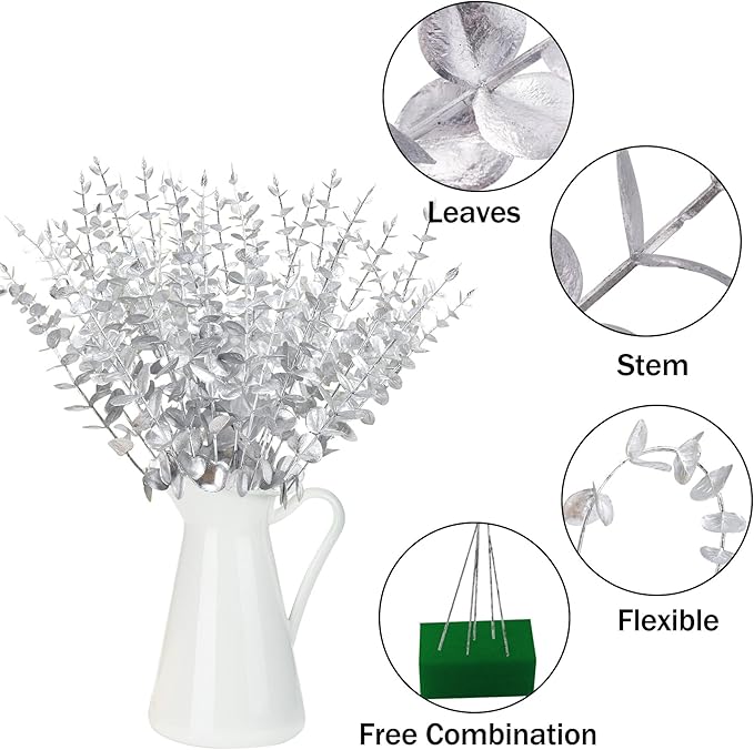 FEQO 36 Pcs Silver Eucalyptus Stems Artificial Leaves Faux Eucalyptus Stems Branches 15 inch for Wedding Bouquet Home Decor