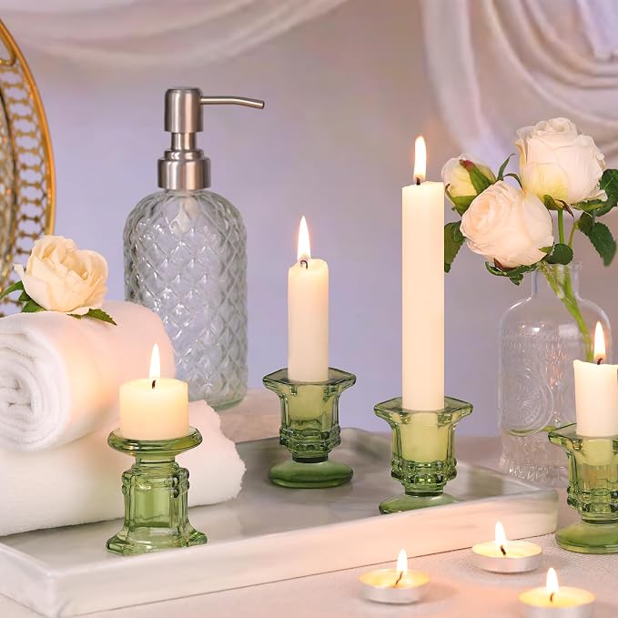 Lanttu 12 Pcs Green Candlestick Holders Bulk Glass Candle Holders Set | Crystal Taper Candle Holder for Wedding, Table Centerpiece, Home Decoration