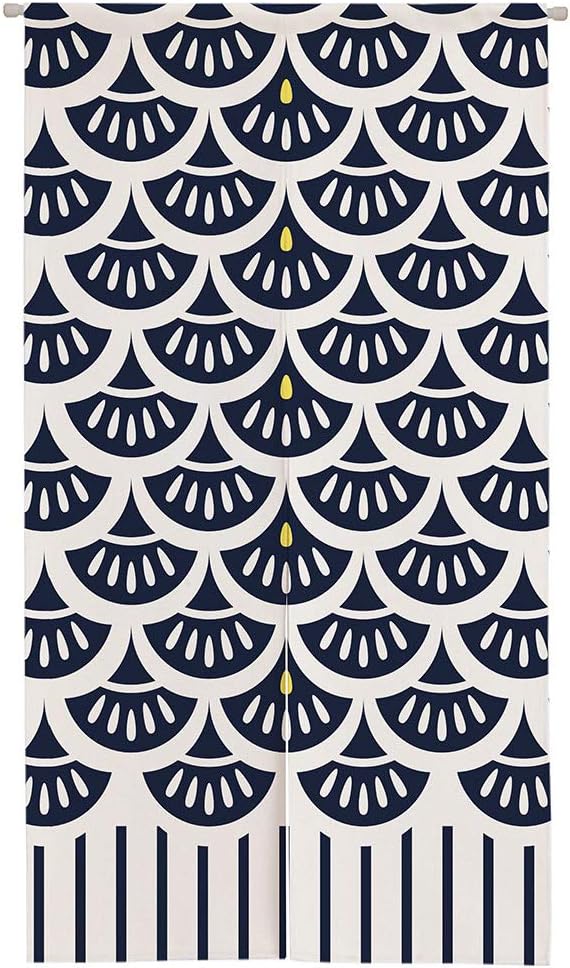 Ofat Home Navy Blue Scallop Noren Curtain 33.5" x 59" Modern | Geometric fish scale pattern design, minimalist Japanese style fabric hanging curtain for doorway decor