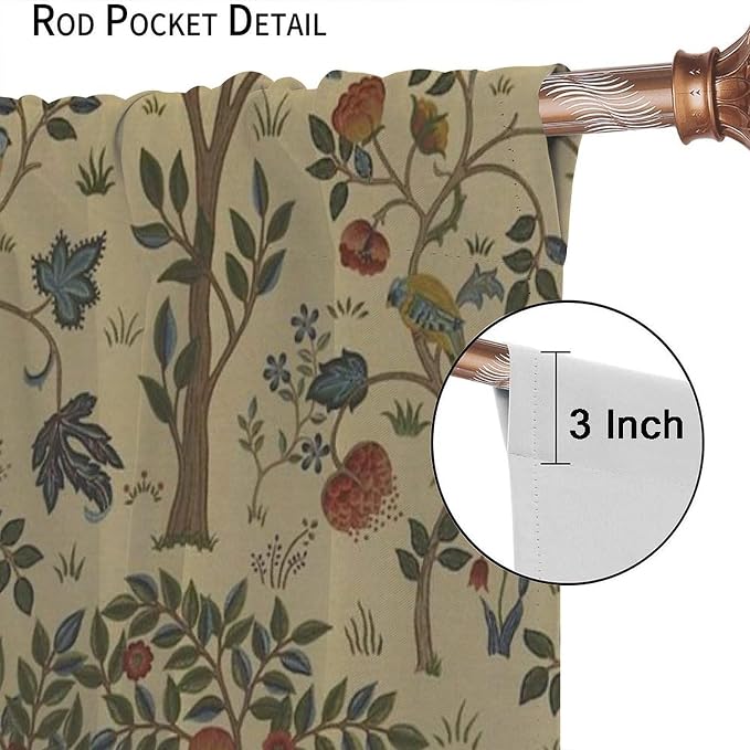 Vintage William Morris Forest Blackout Window Curtains, Rustic Boho Bird Plant Window Drapes, for Living Room Bedroom 21(W)*63(L) 2 Panels