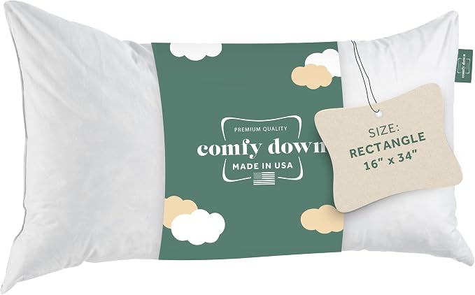 ComfyDown 16x34 Throw Pillow Insert, Down & Feather Fill, 100% Cotton Cover, Made in USA – Premium Soft Lumbar Decorative Pillow Form Sham Stuffer for Bed, Sofa & Couch
