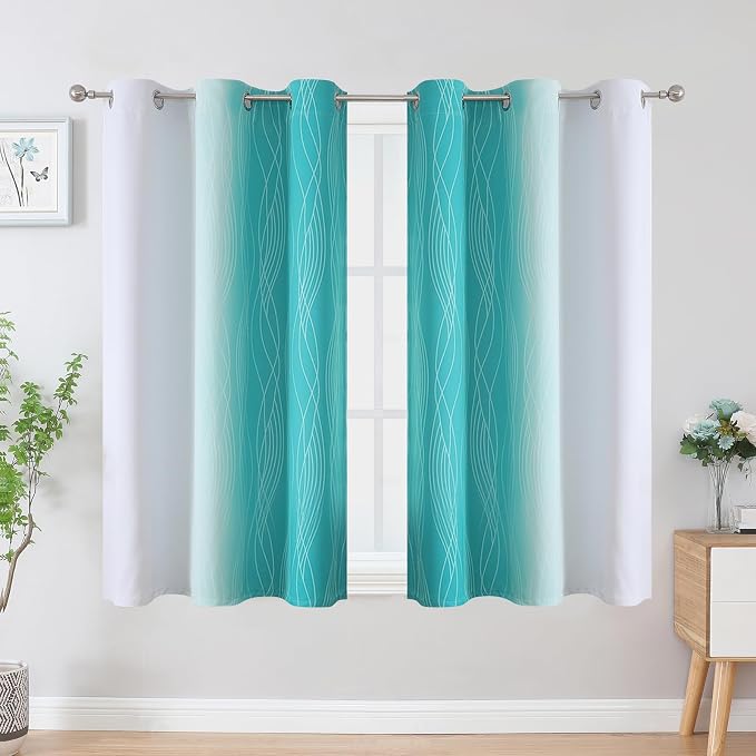 Estelar Textiler Teal and Greyish White Blackout Curtains 45 Inch Length, Light Blocking Gradient Drapes for Bedroom, Thermal Insulated Grommet Ombre Curtains for Bathroom,42Wx45L,2 Panels
