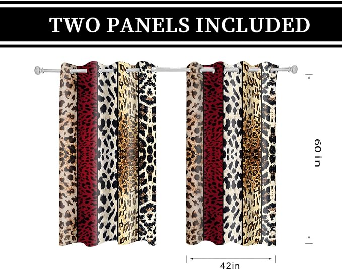 Wild Animal Print Curtain, Room Darkening Thermal Insulated Blackout Leopard Boa Window Drapes with Grommets for Living, Dining, Bedroom, Red Leopard Print, 42"x 60", 2 Panels