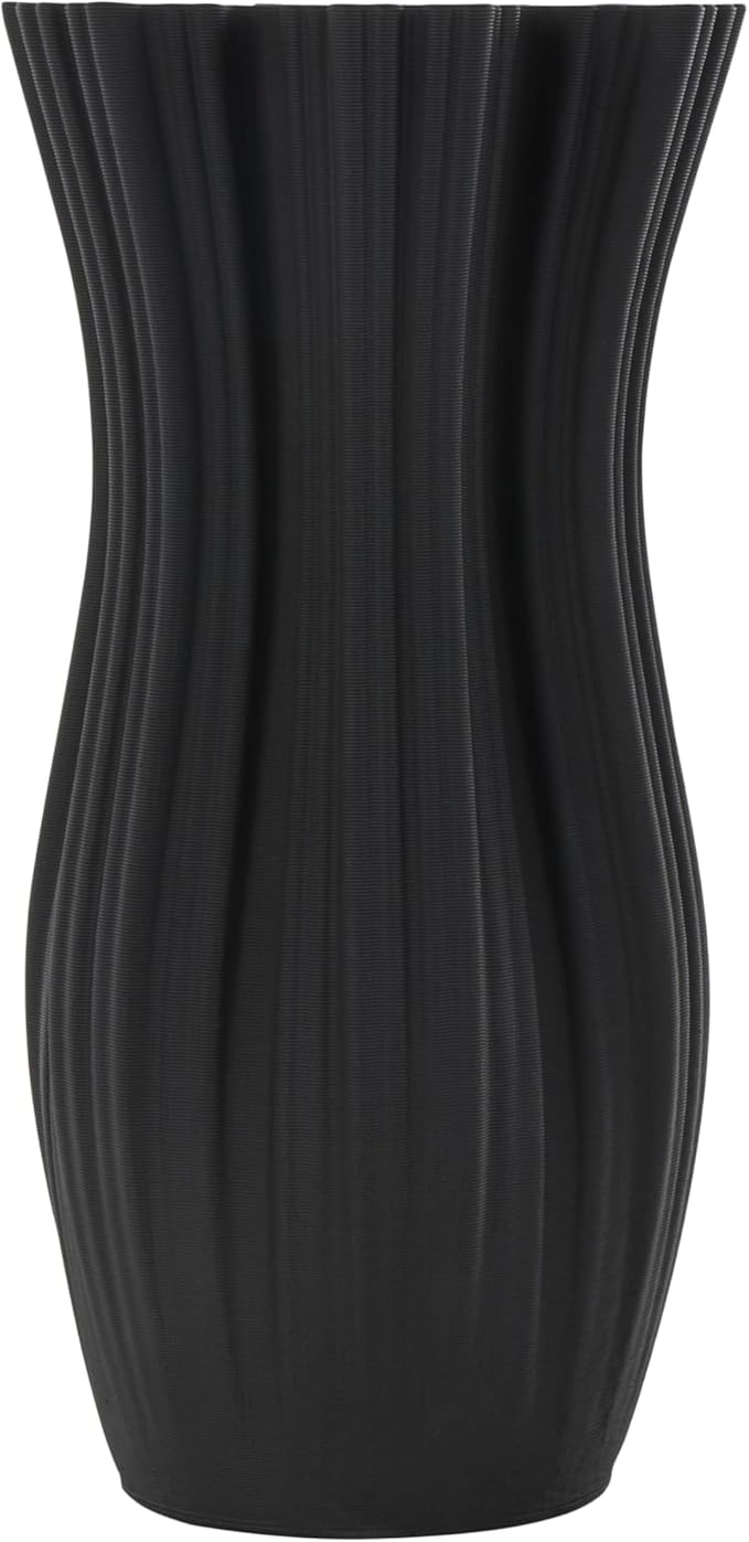 Deco 79 Ceramic Abstract Decorative Vase Ribbed Tulip Inspired Centerpiece Vase with Floral Shaped Rim, Flower Vase for Home Decoration 7" x 7" x 14", Black
