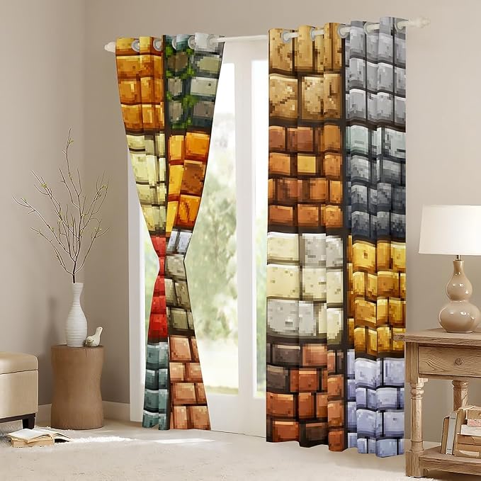 Castle Fairy Pixelated Themed Games Window Curtain,Miner Video Games Bedroom Decor Curtains,Kids Boys Teens Geometric Grid Wall Window Treatment Brown Grey Blackout Drapes 2 Panels,42Wx63L