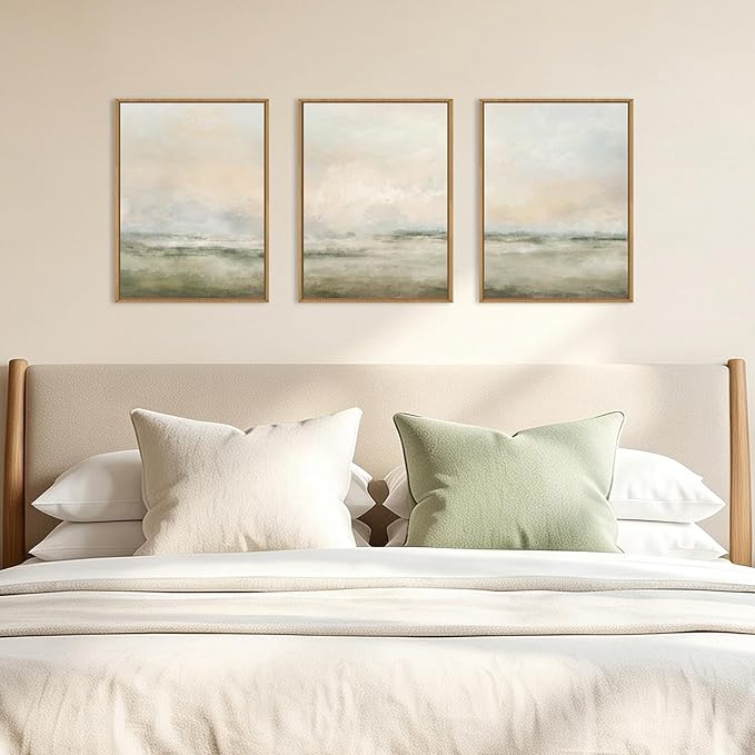 Abstract Beige Green Landscape Framed Canvas Wall Art Set, Watercolor Natural Tan Wall Decor, Minimalist Neutral Modern Scenery Artwork for Living Room, Bedroom,Farmhouse- 12"x16"x3