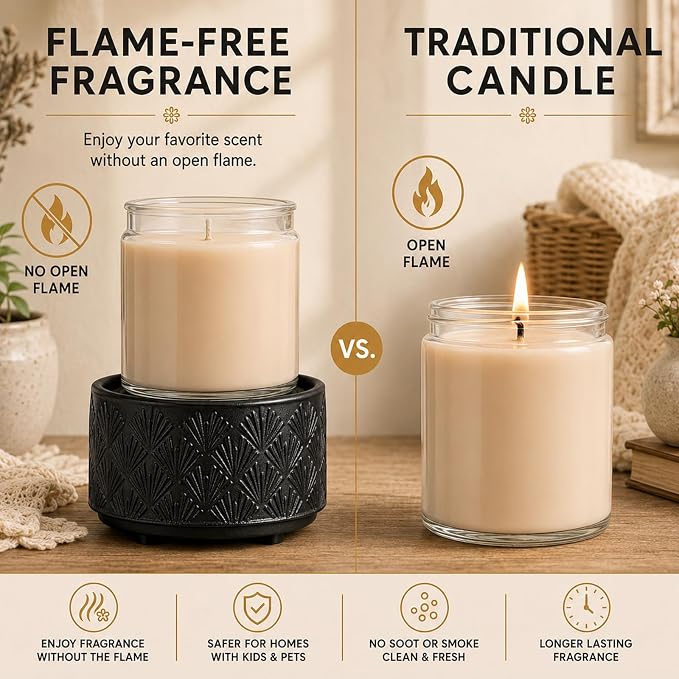 Mocosa Ceramic Wax Warmer Wax Melt Warmer for Scented Wax 3-1 Electric Candle Warmer Home Fragrance Wax Burner Perfect Christmas Gifts for Mom Women(Black-Fan Shaped)