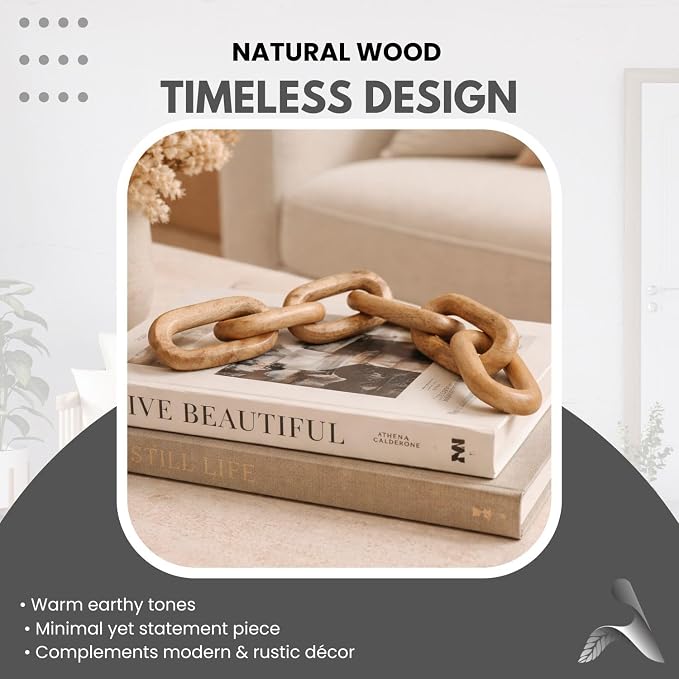Boho Wooden Link Decor for Coffee Object for Coffee Table & Shelf Knot Sculpture, Farmhouse Rustic Shelf Natural Wood Chain Links for Living Room, Entryway, Console,Office Home Accent (Natural)